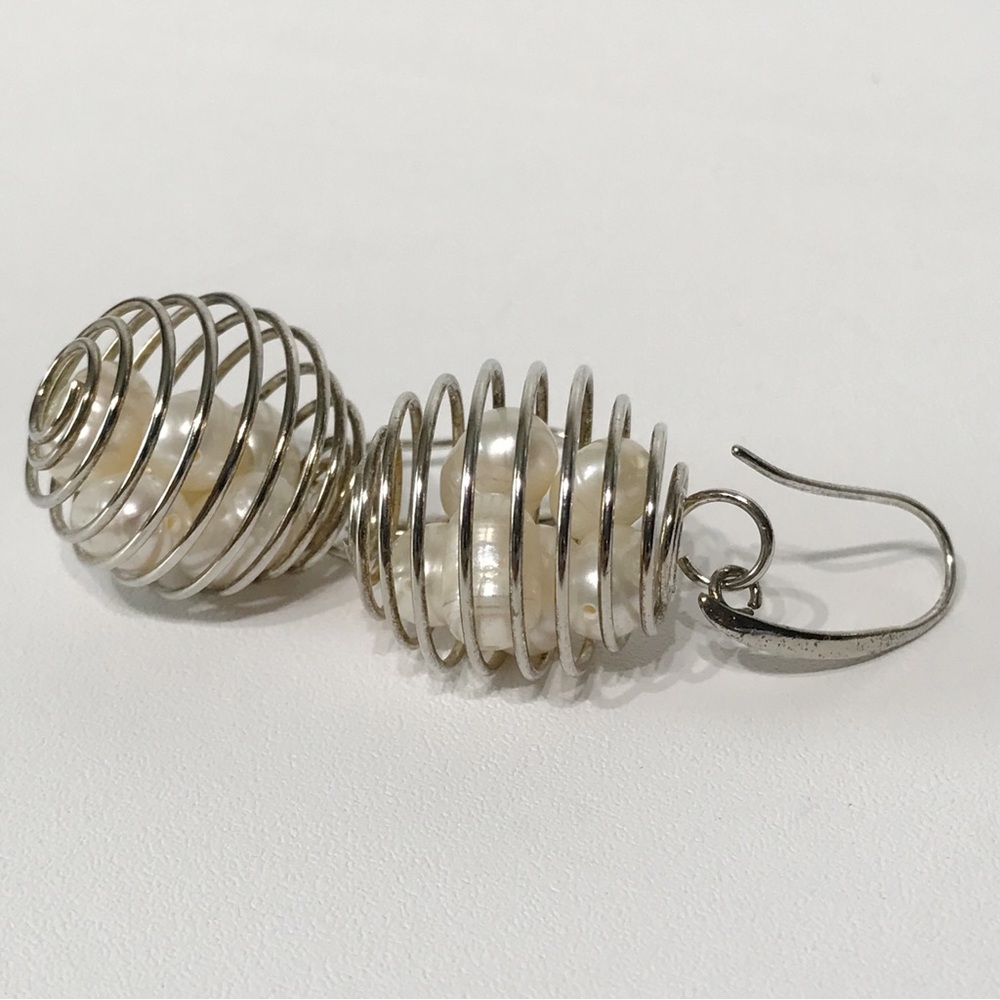 Vintage Sterling Silver 925 Wire Cage 6 Baroque Pearl Egg Basket Drop Earrings - Picture 13 of 16
